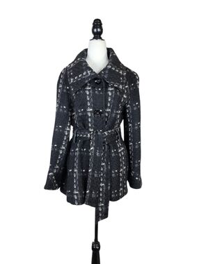 Vintage Votre Nom Tweed plaid wool &Mohair blend leather belt bell sleeves coat